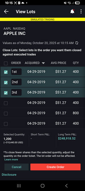 The select lots panel on the android phone. 